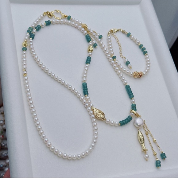 X668 Handmade High Quality Freshwater Pearl Jade Long Necklace and Bracelet Set - Picture 2 of 11